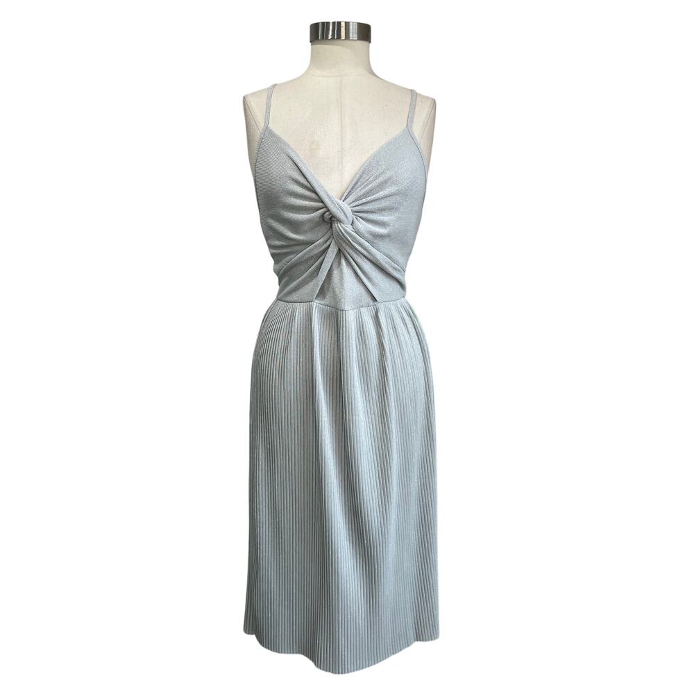 Mango Suit NWT Silver Metallic Twist Front Ribbed Bodycon Midi Dress Size S